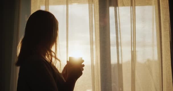 夕暮れ時に窓の前に立つお茶を飲んでいる女性のシルエット — ストック動画
