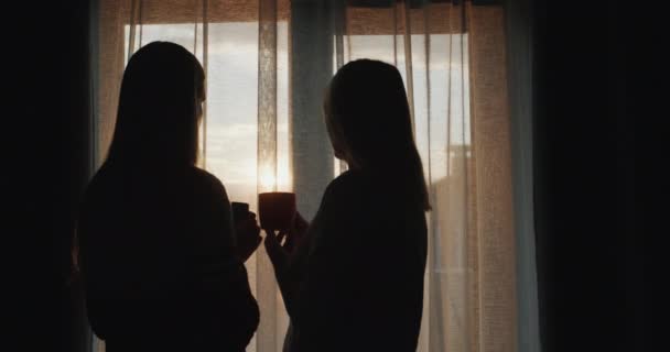 Žena Dospívající Dcerou Stojí Při Západu Slunce Okna Držet Šálky — Stock video