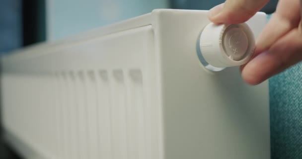 Mans Hand Regulates Temperature Heating Radiator Energy Saving — Video