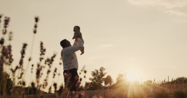 小さな娘と遊んでいる父親のシルエット 日没時に投げ出される — ストック動画