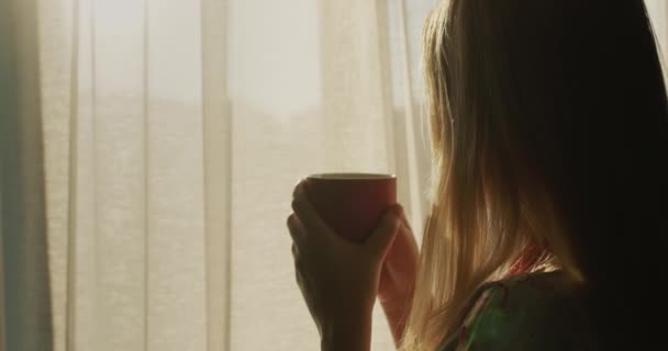 Μια Γυναίκα Ένα Φλιτζάνι Ζεστό Τσάι Κοιτάζει Έξω Από Παράθυρο — Αρχείο Βίντεο