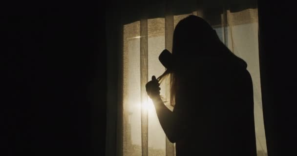 Silhouet Van Een Vrouw Van Middelbare Leeftijd Die Haar Haar — Stockvideo
