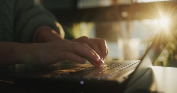 Vrouwelijke Handen Laptop Toetsenbord Typen Tekst Zon Uit Het Raam — Stockvideo