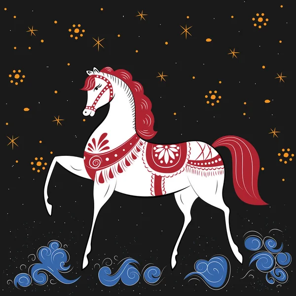 Белая Лошадь Русском Стиле Фоне Звезд — стоковый вектор