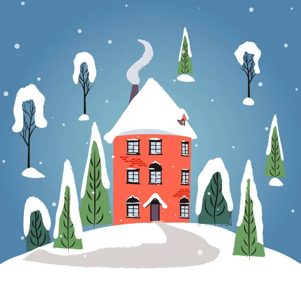 İçinde ev ve Noel ağaçları olan kış çizimleri. Yılbaşı ve Noel için tatil kartı
