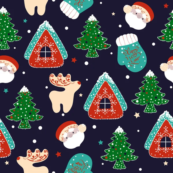Kış desenli bir ev, bir Noel ağacı, bir geyik, bir eldiven, Noel Baba