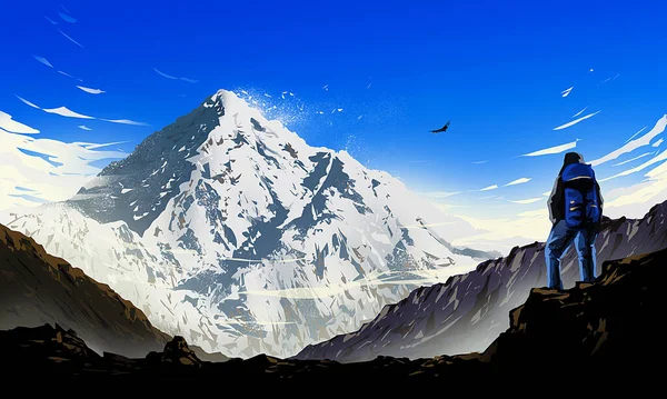 Beautiful Big Mountain Illustration with Climber