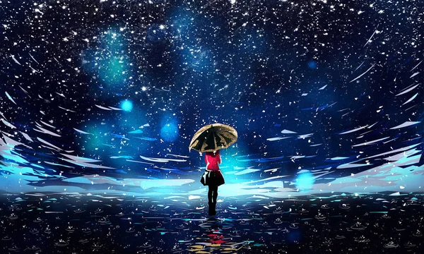 Beautiful Night Sky Falling Rain Umbrella Girl Illustration Ліцензійні Стокові Фото