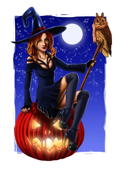 Sexy Witch Halloween Pumpkin Owl Background Illustration — Stock Photo, Image