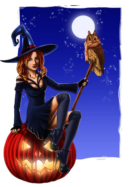 Sexy Heks Met Halloween Pompoen Uil Achtergrond Illustratie — Stockfoto