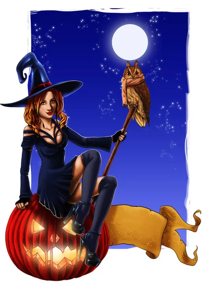 Szexi Boszorkány Halloween Tök Bagoly Háttér Illusztráció — Stock Fotó
