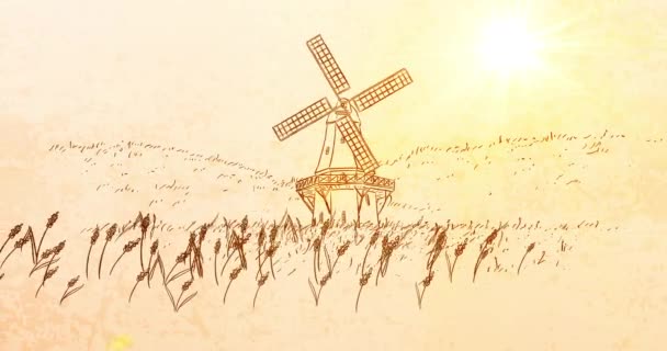 Scenic Animation Wind Mill Rural Field Pan Left — Stock Video