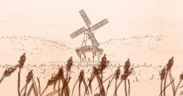 Scenic Animation Wind Mill Rural Field Pan Right — Stock Video