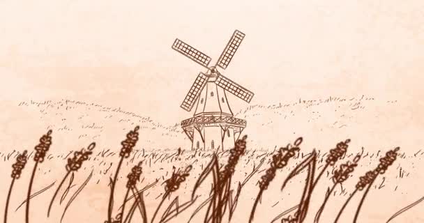 Scenic Animation Wind Mill Rural Field Zoom — Stock Video