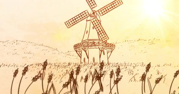 Сценическая Анимация Ветряной Мельницей Сельским Полем Zoom Out — стоковое видео