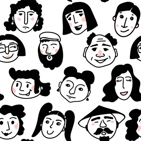 Cartoon faces hand drawn seamless pattern. Black and white background with cute doodle people — Stock Vector