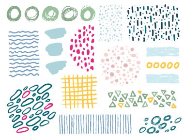 Şekiller kümesi, fırça darbeleri ve dokular. El yapımı tasarım elementleri. Mürekkep çizimi. Metin, alıntı, bilgi, şirket adı.