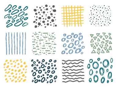 Dokuların vektör kümesi. El yapımı tasarım elementleri. Mürekkep çizimi. Metin, alıntı, bilgi, şirket adı.