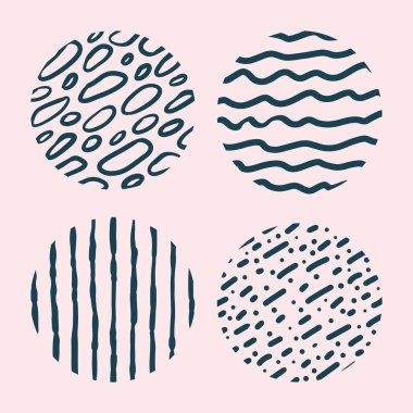 Soyut siyah arkaplan ya da desenler yuvarlak. El çizimi karalama şekilleri. Noktalar, damlalar, kıvrımlar, çizgiler. Modern trend Vektör illüstrasyonu.