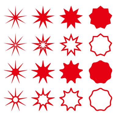 Yıldız şekilleri koleksiyonu. Basit siluetler ve ana hatları kırmızı yıldızlar. Vektör illüstrasyonu beyazda izole edildi.