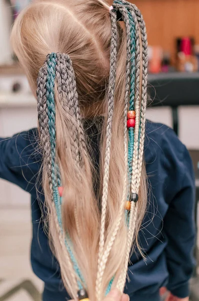 Χρωματιστές Πλεξούδες Φυσικές Αποχρώσεις Ένα 5Χρονο Ξανθό Κορίτσι Close Εσωτερικούς — Φωτογραφία Αρχείου