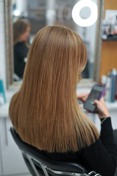 Обратный Вид Женщины Красивыми Длинными Каштановыми Волосами Салоне Красоты — стоковое фото