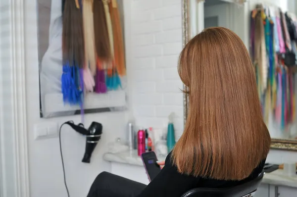 Visão Traseira Mulher Com Belo Cabelo Castanho Longo Salão Beleza — Fotografia de Stock