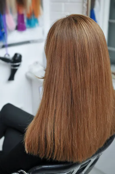 미용실에서 갈색의 아름다운 머리를 여자의 뒷모습 — 스톡 사진