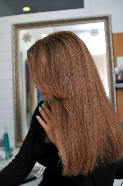 Жінка Красивим Довгим Коричневим Волоссям Профілі Салоні Краси — стокове фото