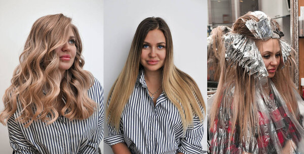 Young blonde woman with long wavy hair before and after hair coloring, three photos, hair transformation process, indoors