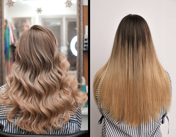 Young blonde woman with long hair before and after dyeing hair, two photos, view from the back indoors