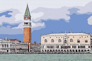 Ziyaret için İtalya. Venice San Marco Meydanı Doge Sarayı. Turist çekimleri için arka plan çizimi. Broşürler, el ilanları, dergiler, posterler.. 