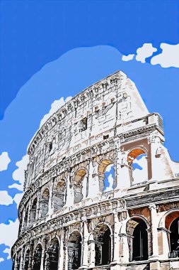 Ziyaret için İtalya. Roma Kolezyumu. Turist çekimleri için arka plan çizimi. Broşürler, el ilanları, dergiler, posterler.. 