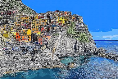 Ziyaret için İtalya. Manarola Cinqueterre. Turist çekimleri için arka plan çizimi. Broşürler, el ilanları, dergiler, posterler.. 