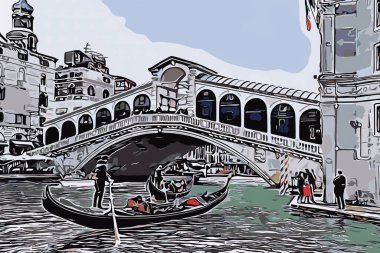 Ziyaret için İtalya. Venedik Rialto Köprüsü. Turist çekimleri için arka plan çizimi. Broşürler, el ilanları, dergiler, posterler..