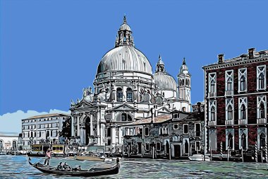 Ziyaret için İtalya. Venedik, Büyük Kanal, Santa Maria della Salute Bazilikası. Turist çekimleri için arka plan çizimi. Broşürler, el ilanları, dergiler, posterler..
