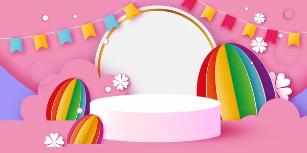 Happy Easter banner 3D Podium scene or pedestal on blue with paper cut eggs and flower. Trendy Easter design. Modern paper cut style. Spring time. Poster, greetingscard, header for web. — Stock Vector