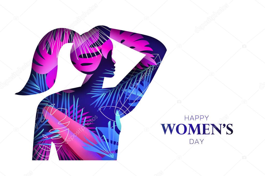 Tropical Floral female silhouette. Dancing woman. Flower palm bouquet. Happy Womens day. Happy Mothers Day. Venera, Venus female concept paper cut style. Body positive. Pink, Blue.