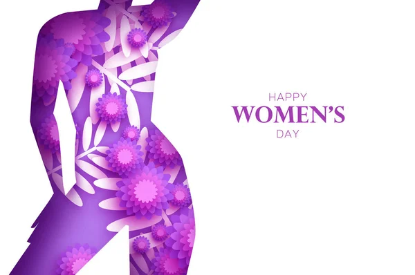 Floral female silhouette. Dancing woman. Flower bouquet. Happy Womens day. Happy Mothers Day. Venera, Venus female concept paper cut style. Body positive. Violet, Purple. Very peri.