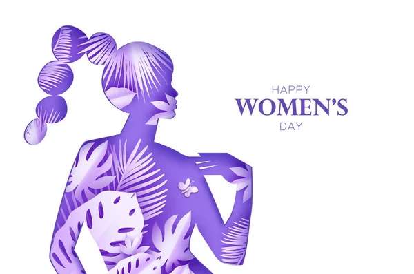 Tropical Floral female silhouette. Dancing woman. Flower palm bouquet. Happy Womens day. Happy Mothers Day. Venera, Venus female concept paper cut style. Body positive. Violet, Purple. Very peri. Stock Illustration