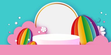 Paskalya bayrağınız kutlu olsun 3D podyum sahnesi ya da kağıt kesikli yumurta ve çiçekli pembe bg üzerindeki kaide. Moda Paskalya tasarımı. Modern kağıt kesim stili. Bahar geldi. Poster, karşılama kartı, ağ başlığı.