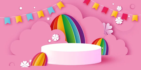 Happy Easter banner 3D Podium scene or pedestal on pink bg with paper cut eggs and flower. Trendy Easter design. Modern paper cut style. Spring time. Poster, greetingscard, header for web. Stock Vector
