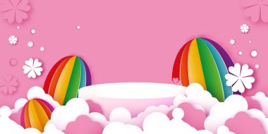 Paskalya bayrağınız kutlu olsun 3D podyum sahnesi ya da kağıt kesikli yumurta ve çiçekli pembe bg üzerindeki kaide. Moda Paskalya tasarımı. Modern kağıt kesim stili. Bahar geldi. Poster, karşılama kartı, ağ başlığı.