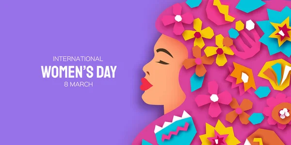 Female portrait with paper cut flowers. Happy Womens day. Happy Mothers Day. Abstract Hand drawn paper cut floral shapes. Trendy contemporary art. 8 March. Spring. Paper art work. Very peri color. — Stock Vector