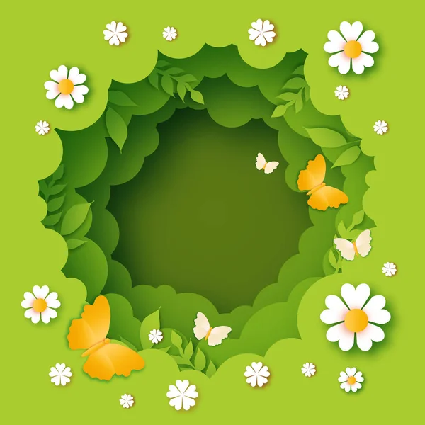 Cute Spring scene for holiday flyers and banners design. Abstract paper cut flowers, leaves and butterflies. Trendy Flower contemporary art. 8 March. Spring. Happy womens and Mothers Day. — Stock Vector