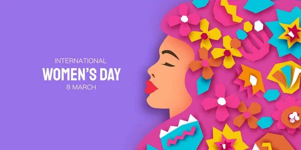 Female portrait with paper cut flowers. Happy Womens day. Happy Mothers Day. Abstract Hand drawn paper cut floral shapes. Trendy contemporary art. 8 March. Spring. Paper art work. Very peri color. Stock Illustration