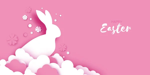 Happy Easter Bunny. 3D Podium scene or pedestal on pink bg with paper cut rabbit , cloud and flower. Trendy Easter design. Modern paper cut style. Spring time. Poster, greetingscard, header for web. Vector Graphics