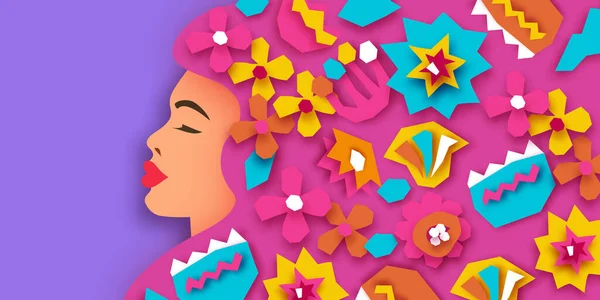 Female portrait with paper cut flowers. Happy Womens day. Happy Mothers Day. Abstract Hand drawn paper cut floral shapes. Trendy contemporary art. 8 March. Spring. Paper art work. Very peri color. — Stock Vector