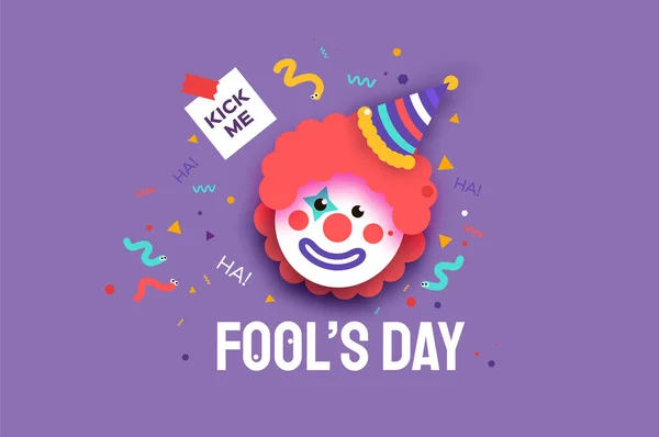 April Fools Day with Clown Character in paper cut style. April 1 party. Present joke box. Fools Day Poster. Funny spring holiday. Stock Vector