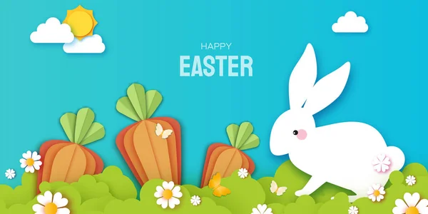 Happy Easter Rabbit with carrot. Cute white rabbits in paper cut style. Bunny, flowers and butterfly. Spring holidays in modern style. Easter Egg Hunt with egg hunt. Spring scene. Royalty Free Stock Illustrations